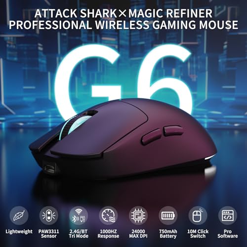 Image of ATTACK SHARKxMagic-Refiner G6 Wireless Gaming Mouse Tri-Modes Connection 2.4G /BT /USB-C 24000 DPI 1000Hz Polling Rate with Anti-Slip Grips,750mAh Battery Gaming Mice for Laptop /PC /Mac Gamer Black