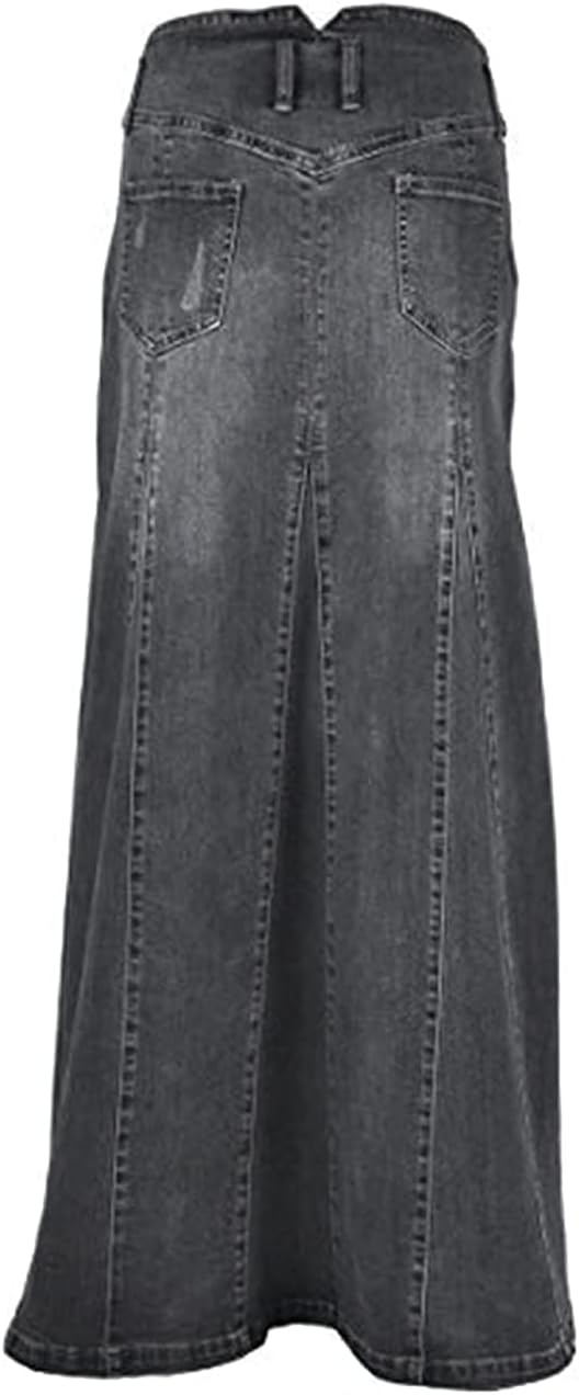 ebossy Women's High Rise Distressed Wash Denim Skirt A Line Swing Maxi Long Jean Skirts - Image 2