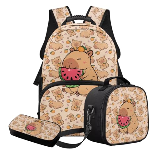 Capybara Print Backpack Set for Kids, 3 in 1 Backpack with Lunch Box and Pencil Case for Boys, 17 Inch Bookbag for Girls, Back to School Supplies