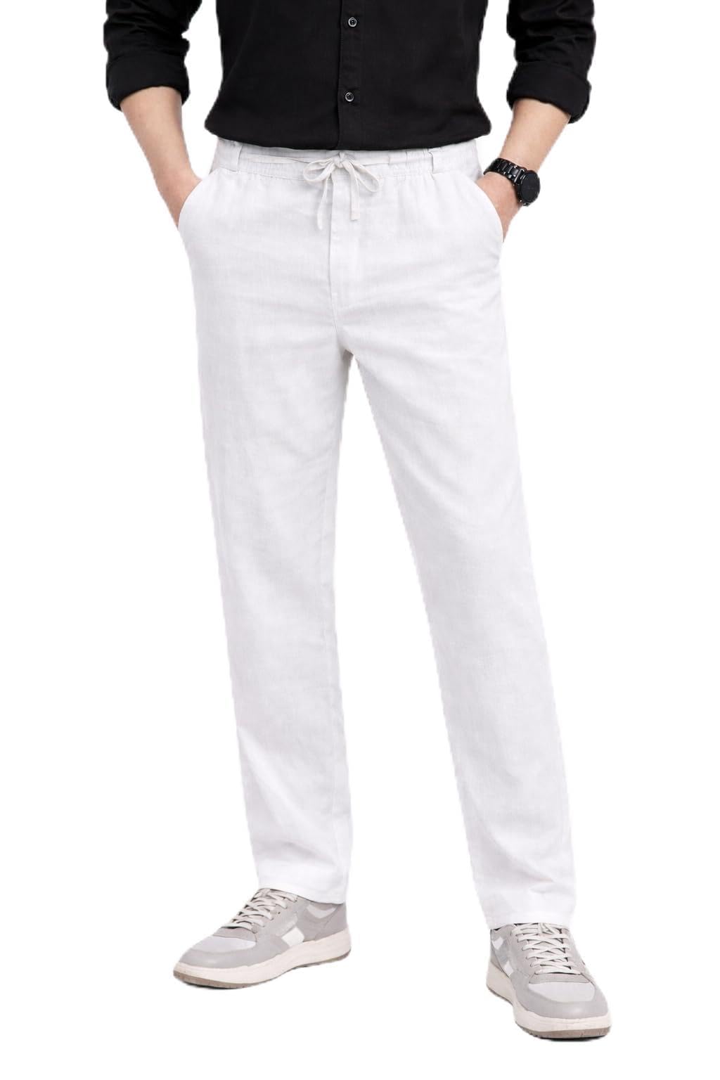 Men's Linen Pants, White, Straight Fit, Elastic Waistband with Drawstring, Casual Trousers-picture-31