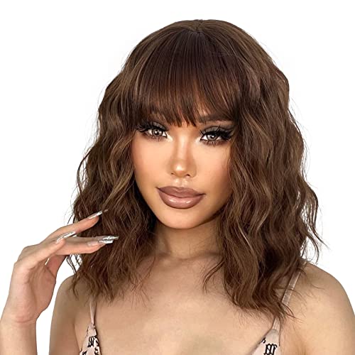 LINGHANG Light Brown Wig with Bangs, Short Natural Wavy Wigs for Women