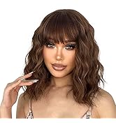 LINGHANG Light Brown Short Wavy Wig with Bangs,Short Wavy Brown Curly Bob Wigs for Women,Natural ...