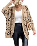 BTFBM Leopard Cardigan for Women Long Sleeve Open Front Cardigans Sweaters Pockets Loose Knit 2026 Fall Spring Outwear(Khaki, Large)