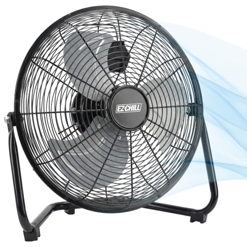 EZ-CHILL 12” Cradle Floor Fan, 3 Speed, High Velocity, 180 Degree Adjustable Tilt, All-Metal, Carry Handle, Rubber Feet, Airflow 15.42 ft/sec, Ideal for Home, Bedroom & Office, Black