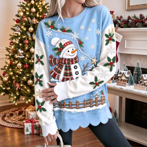Winter Sweatshirts for Women Graphic Scalloped Hem Crewneck Pullover Tops | Winter Trends for Women 2026, Christmas, Snowman, Cotton, Cozy, Family, School, Weekend, Everyday, Travel, Casual, Work - image 2