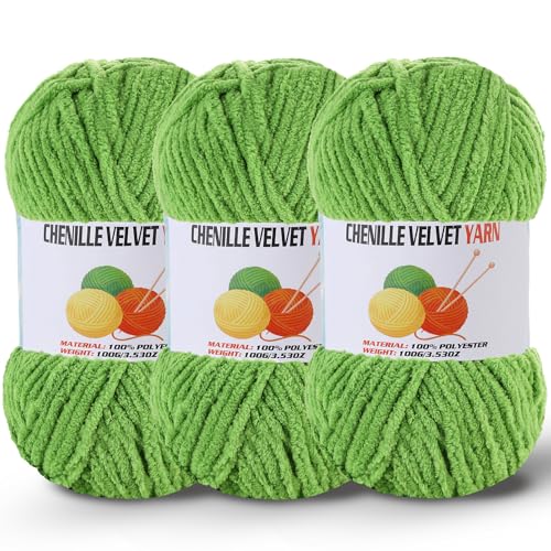 Image of 3 * 100g /3.5oz Fluffy Chenille Yarn for Crocheting, Chunky Velvet Yarn for Crochet Amigurumi, Used for Making Baby Yarns Blanket, Clothes, Pattern Knitting Creations (Grass Green)