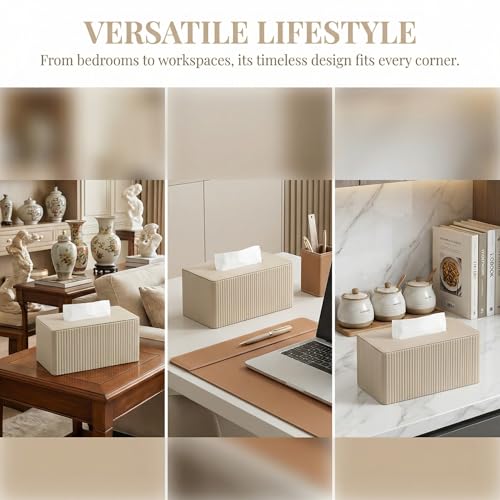 ASOUUNLD Kosmetiktücherbox Taschentuchbox aus PU Leder mit Magnetverschluss Rechteckige Tissue Box mit Streifendesign Tücherbox Beige Taschentuchspender für Wohnzimmer Büro Küche (25,3x13,8x11,5 cm)