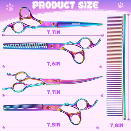 Image of Moontay Professional 7.0 inch Pet Grooming Scissors Set, 4-Pieces 440C Japanese Steel Straight & Curved & Thinning & Chunker Shears /Scissors with 1 Grooming Comb for Dog Cat and More Pets, Multicolour