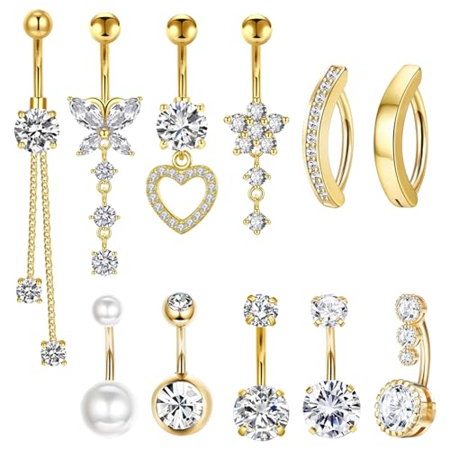 TYXHXTF 11Pcs Piercings Ombligo para Mujeres, Piercings para Ombligo, Anillos para el Ombligo, Piercing Ombligo Embarazada Colgantes para Piercing de Ombligo Corazón Mariposa Anillos para Ombligo,Oro