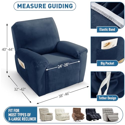 Image of ZNSAYOTX 2026 Velvet Oversized Recliner Cover 3-Piece, Luxury Plush Recliner Chair Covers with Elastic Band & Ties Stay in Place, Stretch Reclining Slipcover for Lazy Boy Soft Washable (Navy Blue)