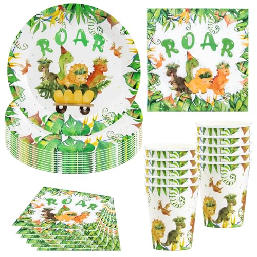 Hmfmdy Service de Table Dino Party, 40 Pièces Décoration de Fête Dino, Vaisselle D'anniversaire Avec Assiettes, Gobelets et Serviettes en Carton, Fournitures de Table, Fille, Garçon - 10 Invités