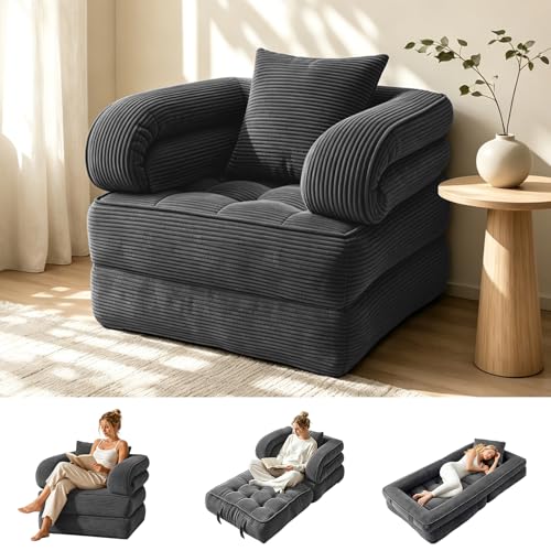 COTOSOF Folding Sofa Bed Convertible Sleeper Chair with Armrests for Adults Foldable Corduroy Boneless Bed 3-in-1 Portable Futon Couch Floor Sofa with Pillow for Bedroom Living Room Dark Gray