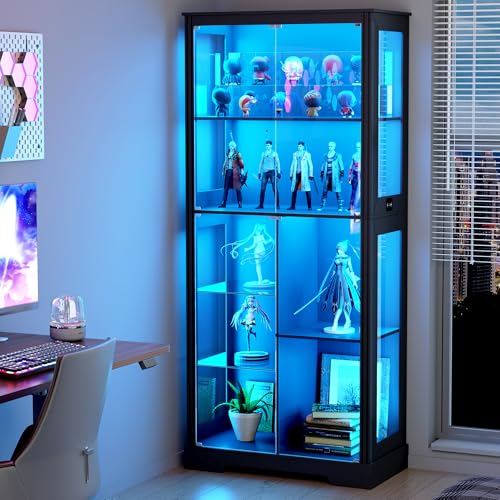 71” Display Cabinet with Glass Doors, LED Curio Cabinet with 3 Lights for Living Room, Modern 7-Tier Glass Display Case for Collectibles, Black Storage Cabinet with Human Body Sensor, Gift f