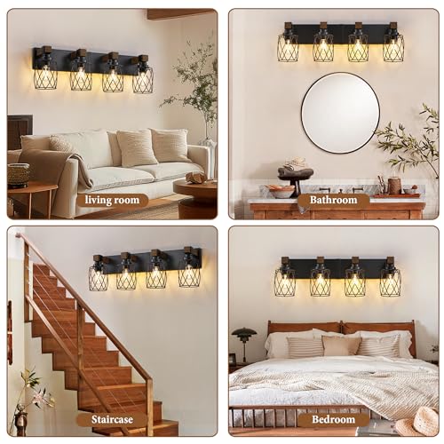 Image of Farmhouse 4-Light Wood Bathroom Vanity Light, Black Metal Cage Shade | Mounted Over Mirror, Industrial Rustic Style, Ideal for Bathroom, Bedroom, Hallway & Living Room, Easy To Install