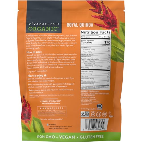 Image of Viva Naturals Organic Quinoa,24 oz (1.5 lb)-Gluten Free and Vegan Complete Plant Protein,Easy to Use Source of Fiber and Iron,USDA Organic and Pre Washed,Non-GMO Whole Grain Rice and Pasta Substitute