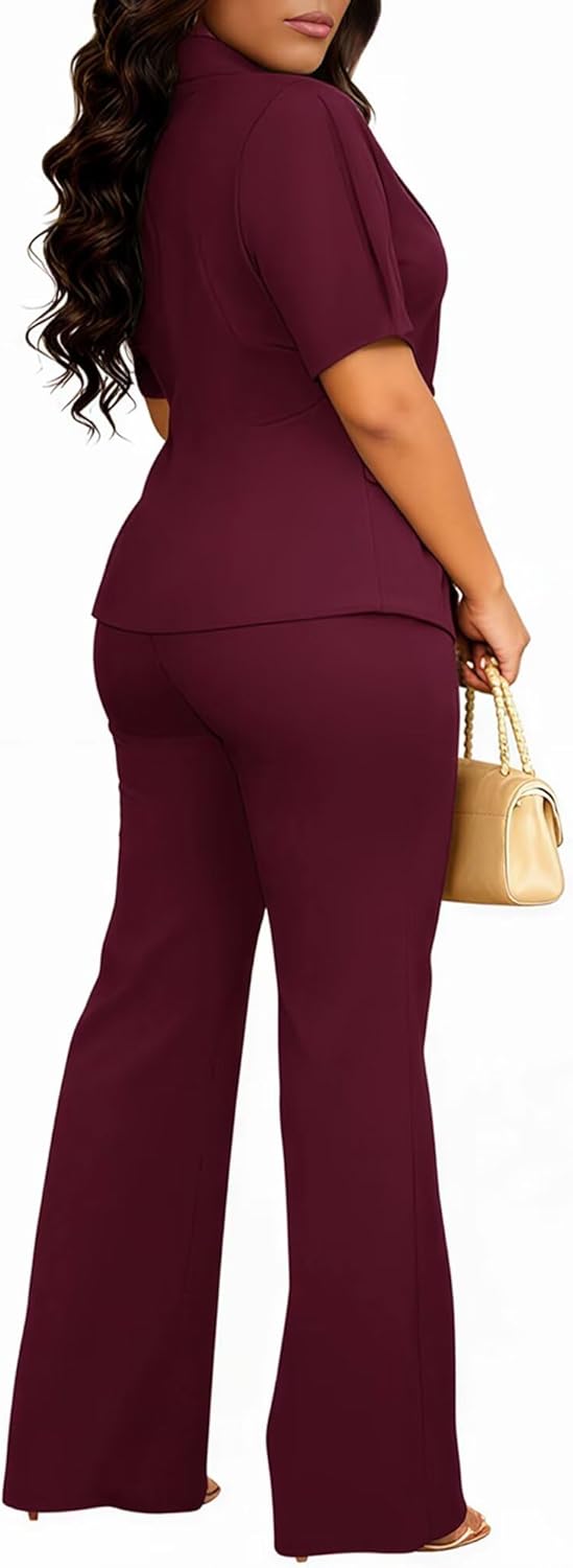 Kafiloe Pant Suits for Women Dressy Elegant Short Sleeve Blazer Suit 2 Piece Set Business Casual Outfits - Image 4