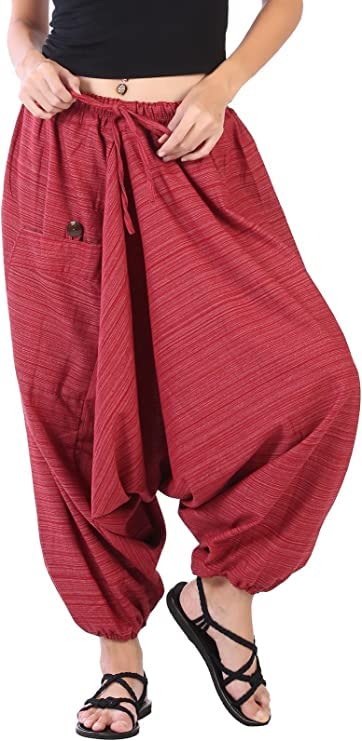 Image of Whitewhale Mens Women Cotton Stripe Aladdin Loose Baggy Boho Hippie Harem Pants