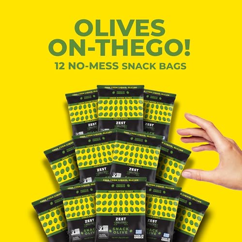 Pitted Greek Olives by Zest Delites, 100% Natural Pitted Green Olives from Greece, On-the-Go Individual Snack Packs, Marinated with Garlic&Basil, 1.05 oz 12 Packs