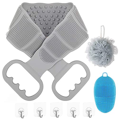Shower Silicone Back Scrubber, Handle Body Washer with bath ball, Exfoliating Texture Scrubbing Pad for Shower