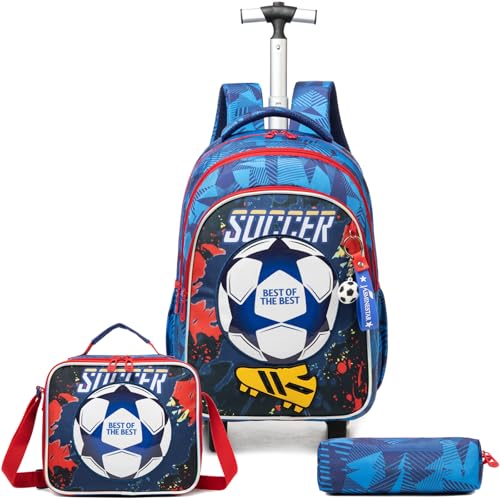 Egchescebo Mochila Escolar Infantil com Rodinhas para 17” Menino e Crianças Rodas Bolsa Mala Carrinho 3PCS Lancheira Juvenil Estojo Costas Viagem Adequado Meninas Adolescentes de Futebol Azul