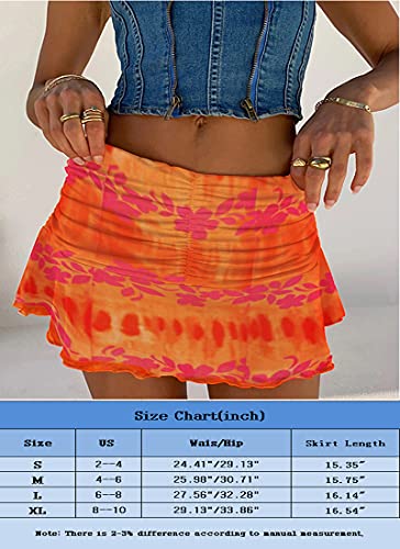 Women Y2K Skirt, Solid Color High-Waist Ruffle Short Skirt Stretchy Skater Tennis Active Skirts (Orange Floral, Medium) #TOP2
