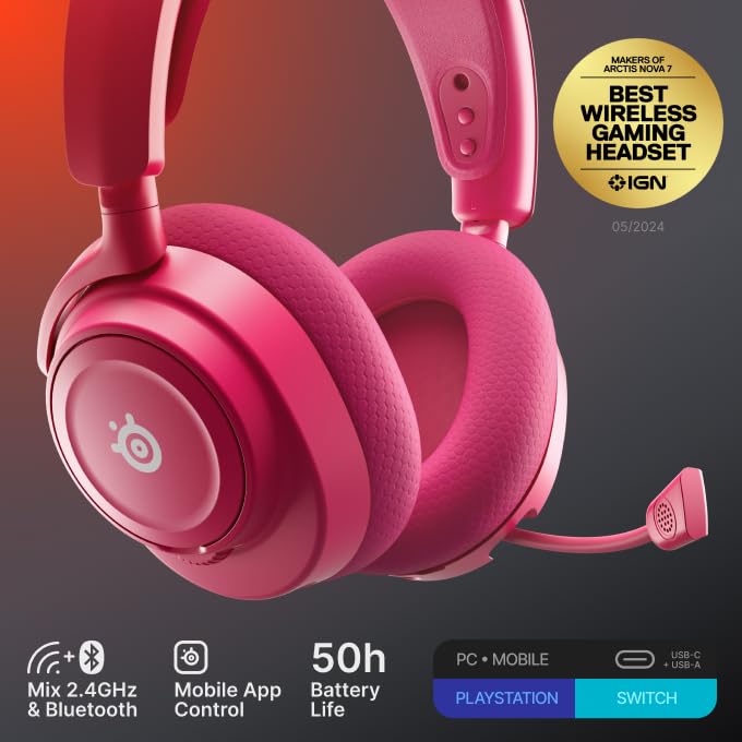 Image of SteelSeries Arctis Nova 7 Wireless Gen 2 Gaming Headset - Real-Time App Control, 50+ HR Play, Neodymium Drivers, Mix 2.4GHz /Bluetooth, PC, PS5, PS4, Switch 1 /2, Mobile - Magenta