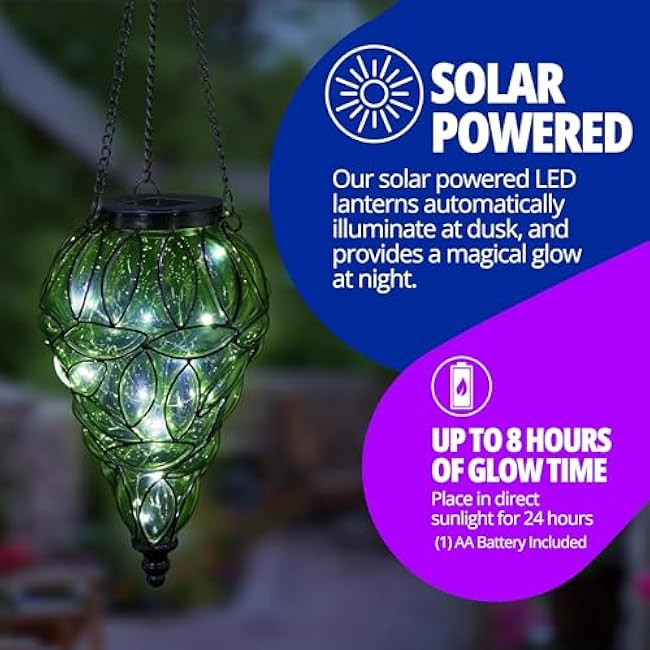 Exhart Outdoor Garden Solar Lights, Tear-Shaped Glass and Metal Hanging Lantern, 15 Firefly LED Lights, 7 x 24 Inch, Green