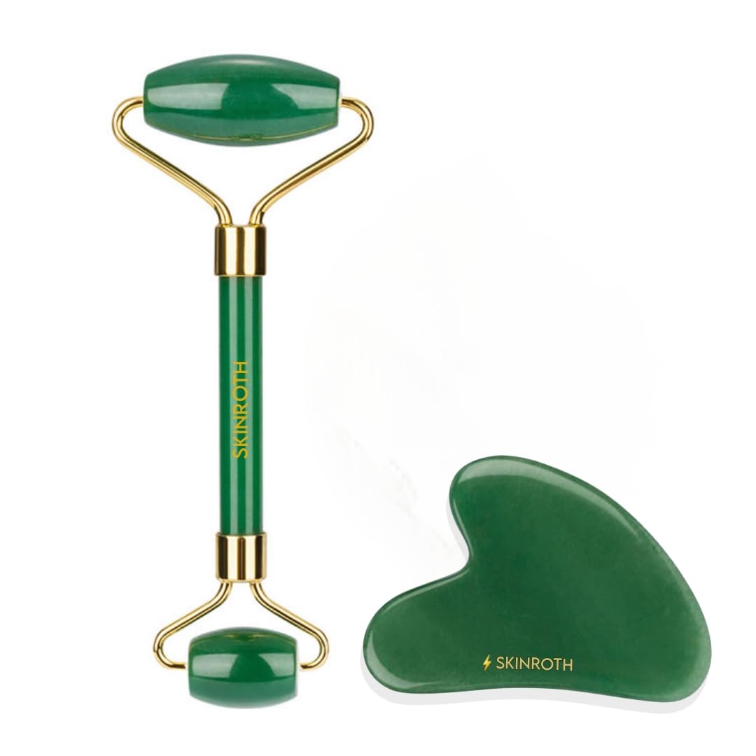 Korean Jade Roller & Gua Sha Set | Anti-Aging Facial Roller | Original Guasha Stone From Korea | Beauty Massager For Slim V-Shape Face & Jawline Making Tool (Green)