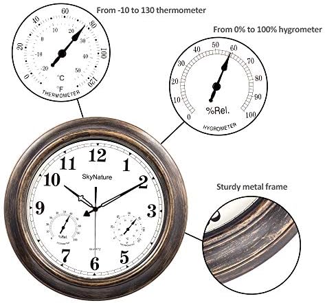 Outdoor Clock, 45cm Outdoor Clocks for the Garden, Waterproof Clock with Thermometer and Hygrometer, Silent Non-Ticking Bathroom Clock, Decor Clock for Patio, Pool, Lanai, Fence, Porch - Bronze