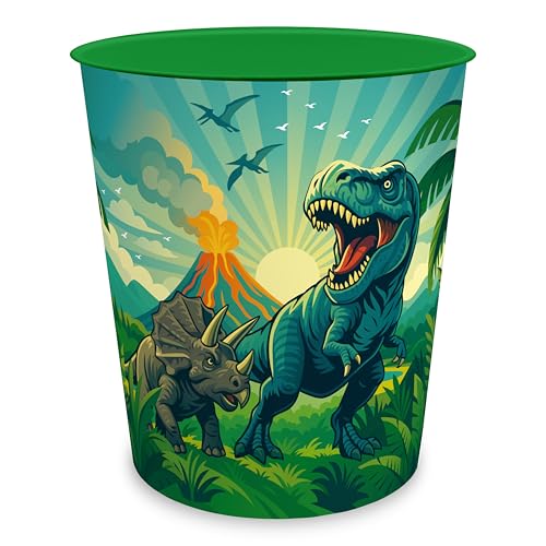 itenga Papierkorb für Kinder mit Motiv - rund ca. 11 Liter - Mülleimer fürs Kinderzimmer - stabiler Kunststoff (Dinosaurier - DINO WORLD)