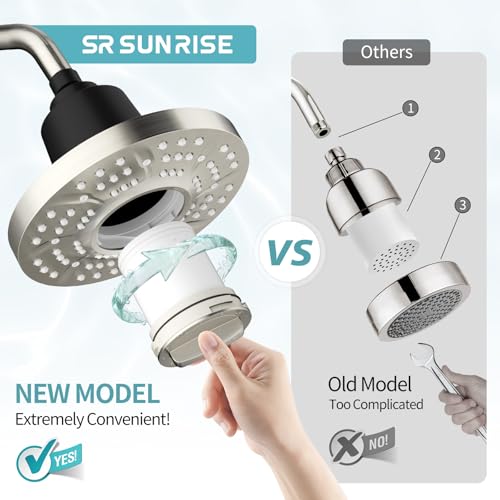 Image of SR SUN RISE Filtered Shower Head with Filters, 20-Stage Shower Head Filter for Hard Water, High Pressure Showerhead with Easy-Replace Cartridge to Remove Chlorine (7-Inch, Brushed Nickel)