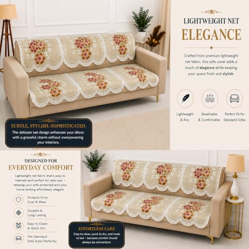 Image of Homerz Premium 'Surya Series' Sofa Cover | Stylish Sofa Protector | Net Fabric | Anti-Stain & Washable Slip Cover Exact Size Antislip (Exclusive Yellow, 5 (3+1+1) Seater, Seat Cover with Backrest)
