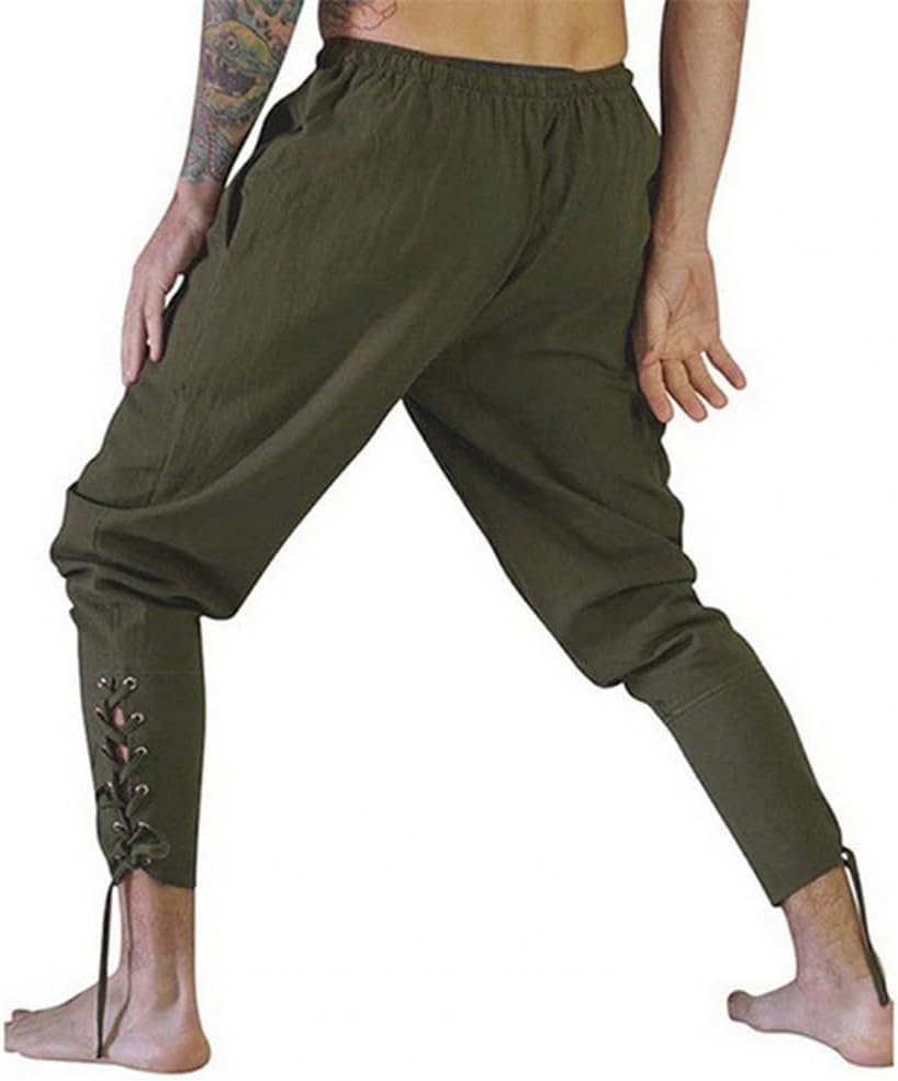 Adult Men Medieval Pirate Pants Linen Costume Loose Leggings Black Leg Bandage Trouser