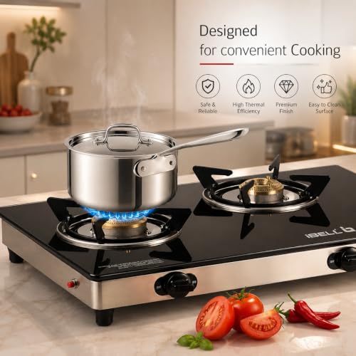 Image of iBELL AGS9413SLM 3 Burner Gas Stove with Auto Ignition | 3-YEARS WARRANTY | ISI Certified | Large 77 x 38 x 7.5 cm Body | Scratch Resistant Toughened Glass Top | High-Efficiency Brass Burners [Black]