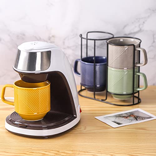Adewnest Stackable Coffee Mugs with Rack: 13 oz Stacking Ceramic Cups with Stand for Home & Office- Porcelain Stacked Tea Mug Set of 4