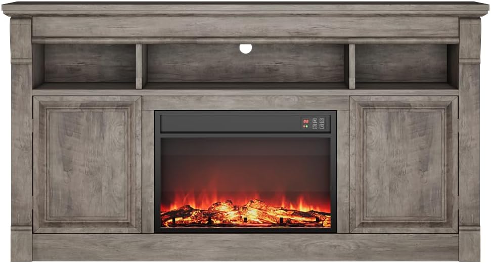 GarveeHome 58" Farmhouse Electric Fireplace TV Stand for TV Up to 65", Entertainment Center with 30'' Fireplace, Console Table TV Cabinet with Open Storage Shelves for Living Room