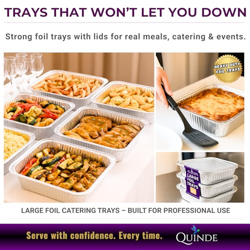 QUINDE Large Tin Foil Trays 9x13 – Deep Heavy Duty Aluminium Baking & Roasting Trays 3500ml, 95 Micron Disposable Cooking Trays Pack of 10 - Image 6