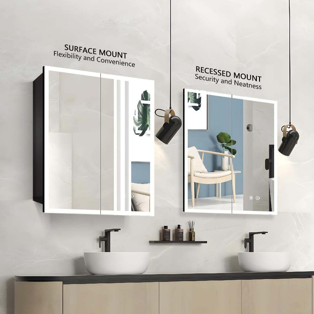 LED Medicine Cabinet with Light,Recessed Mirror Cabinet for Bathroom,3 Color Temperature,Dimmable,Demister,Detachable Side Plate for Recess Mount or Surface Mount,24inch×28inch