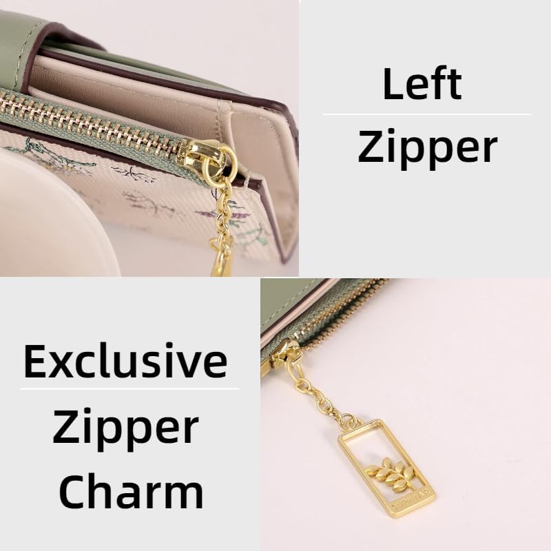 Miniatura 6 de Cartera compacta RFID plegable de piel sintética para mujer, mini monedero con bolsillo para monedas, diseño floral para damas y niñas, Verde
