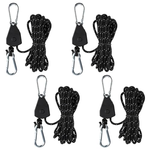 4 Stück Verstellbarer Seil Ratsche, 4m Abspannseile mit Seilspanner, 4mm Leichte Abspannleine Zeltschnur Einstellbare Seilratsche mit Haken für Campingzelte Markisen (Schwarz)