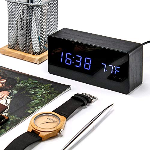 Oct17 Wooden Alarm Clock Mirror Screen Digital Adjustable Digital Clocks Led Voice Control Display Time Date Wood Modern Office Home #TOP5