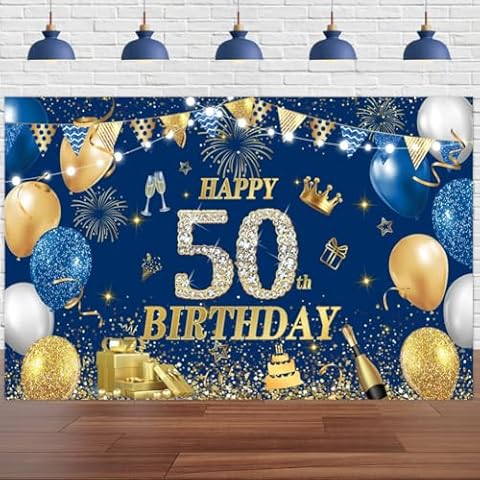 Yontree Happy 50th Birthday Banner Blue Gold, 1.8 x 1.1 m Happy 50th Birthday Backdrop Banner Navy Blue Gold 50th Birthday Decorations for Men Women 50 Years Old Birthday Anniversary Party Supplies Cover