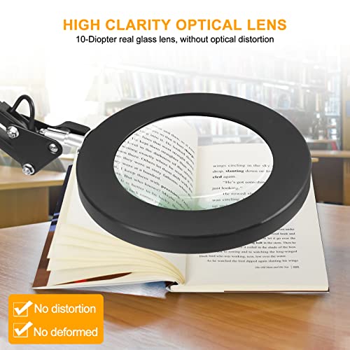 Toolour LED 5X Magnifying Glass Light Desk Lamp - 3 Light Colors Illuminated 10 Brightness Dimmable - USB Powered Magnifier Lighted Lens Adjustable Swivel Arm and Tabletop Clamp for Close Work Craft