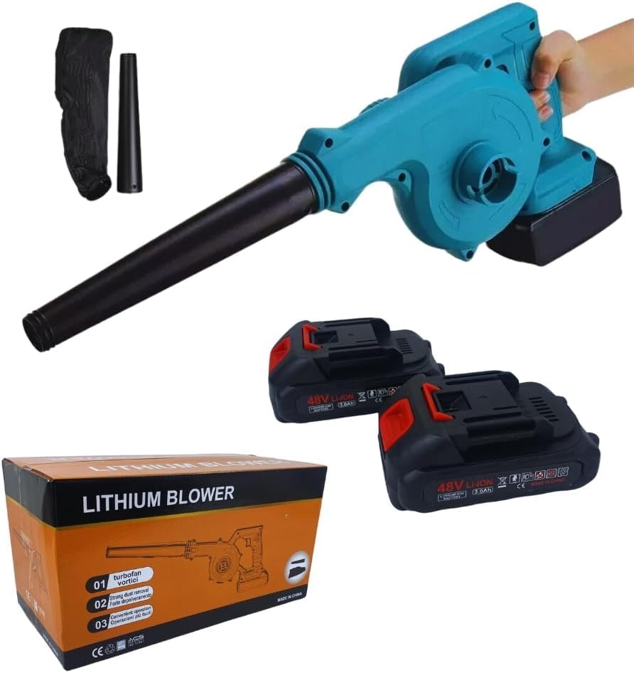 Soplador a batería, soplador eléctrico con doble batería, soplador de hojas, mantenimiento de jardín, ligero para césped, patio, soplar hojas y polvo