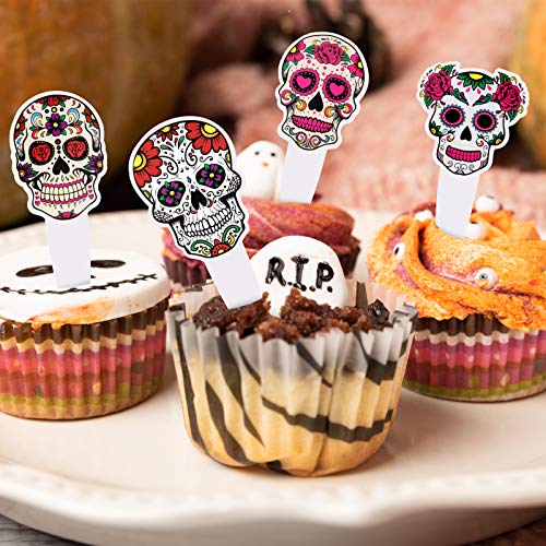 60 Pieces Day Of The Dead Sugar Skull Cupcake Toppers Dessert Cake Picks Dia De Los Muertos Picado Skeleton Cupcake Toppers Colorful Skull Cake Decorations For Day Of The Dead Halloween Party #TOP5
