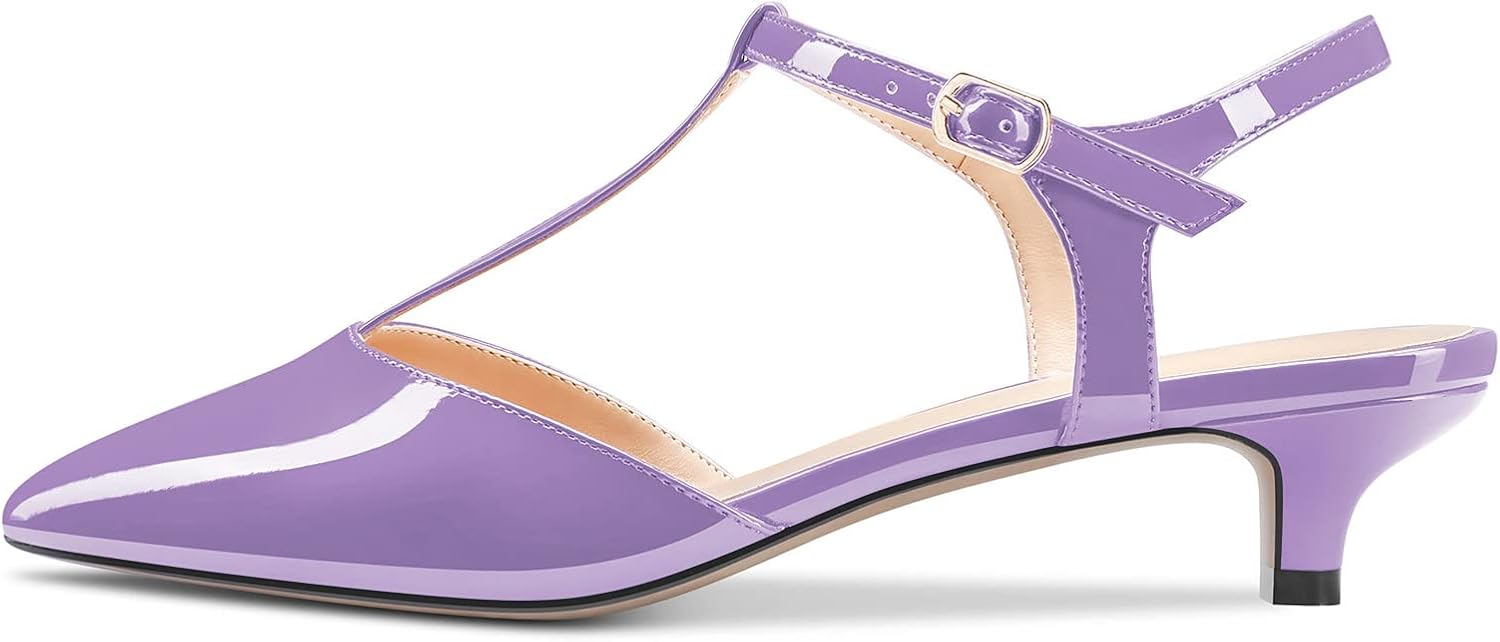 Saekcted Women Low Kitten Heel Pointed Toe T-Strap Ankle Strap Pumps Classic Cute Dress 1.4 Inches Heels