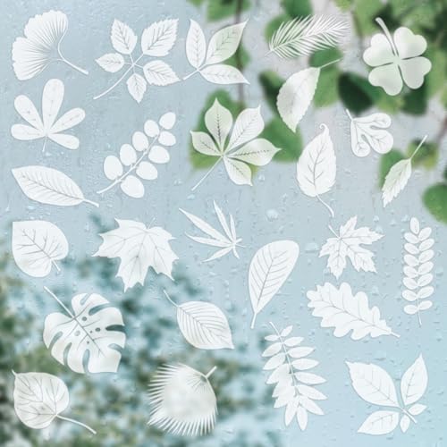 26PCS UV Reflective Leaf Window Decals, Anti-Collision Bird Strike Prevention Stickers, Transparent Static Clings for Glass Windows & Doors to Protect Birds, Easy to Apply & Remove (Leaves)