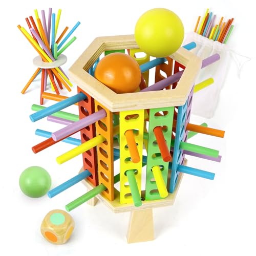 Vicloon Juego de Tablero Montessori, Juego de Torre de Madera con 30 Palitos Coloridos y Dados, Juego de Habilidades Motoras Finas, Juguetes Educativos Matematicas para Niños 3 4 5 6 Años