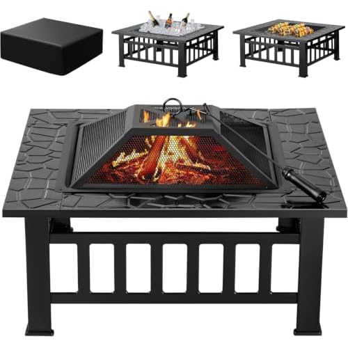 Devoko Outdoor Fire Pit, 32 Inch Firepit Table Metal Outdoor Fireplaces with Waterproof Cover for Outside Patio Camping (Black)