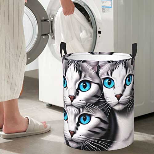 Blue Eyed Cats Laundry Hamper With Handles, Circular Storage Bin Organizer, Round Clothes Storage Basket For Bathroom/Dorm/Bedroom #TOP6